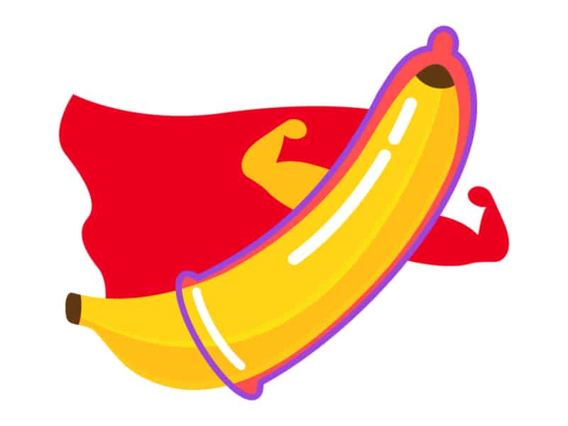 A banana-superhero dressed in a condom