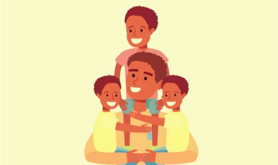 Cartoon image of a dad with three children 
