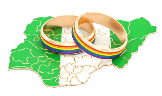 Country outline of Nigeria with two rainbow rings 