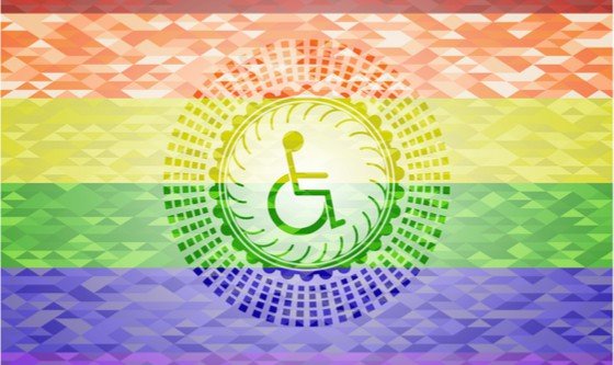 Wheelchair icon on mosaic LGBT-pride flag background 