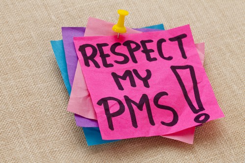espect my PMS (premenstrual syndrome) - humorous warning - handwriting on a purple sticky note against canvas board
