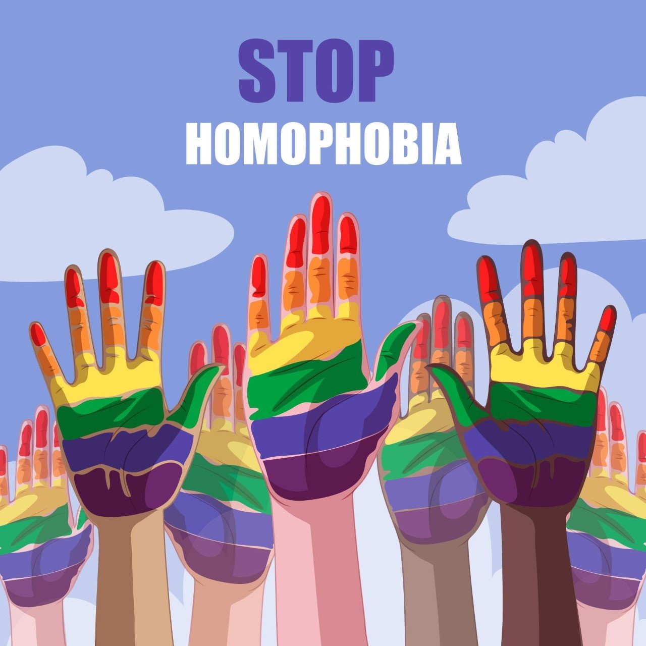 Many hands painted in rainbow colours with script above that says Stop Homophobia