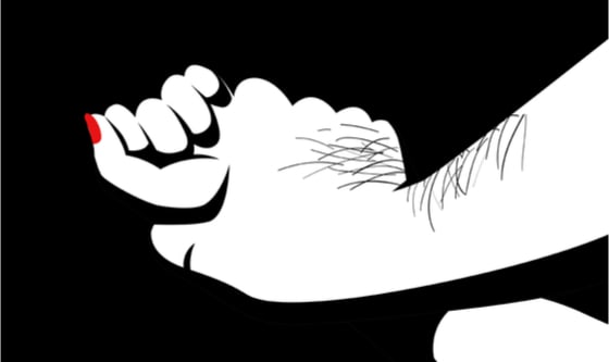 Illustration of a hairy man's hand holding a woman's hand down forcefully 