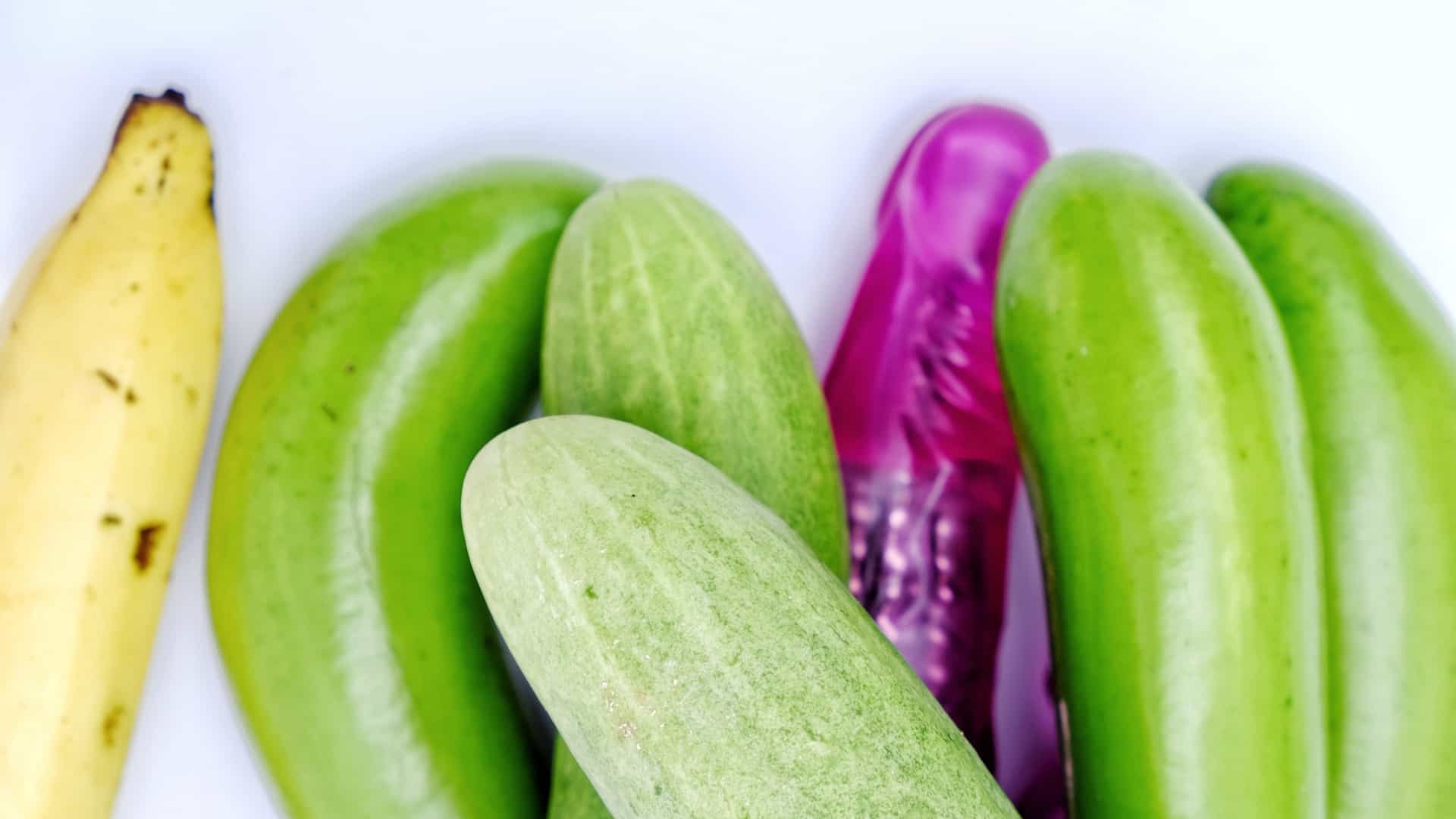 Cucumber,banana,eggplant and dildo sex toy.