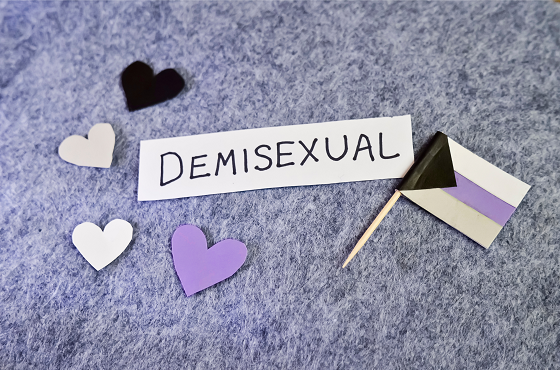 word demisexual & a paper flag + 4 paper hearts on either side 