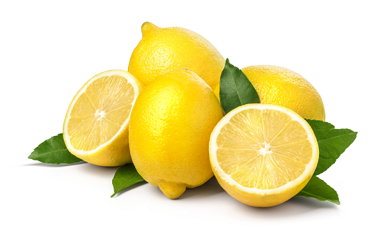 four ripe lemons: three full, one cut open into two halves