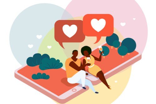 A graphic of a couple sitting on their phones and talking