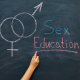 Black board written sex education and intersecting gender signs