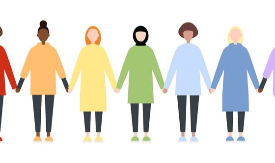 graphic of people in multi-coloured tunics holding hands