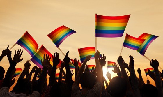 Silhouettes of People Holding Gay Pride Symbol FLag