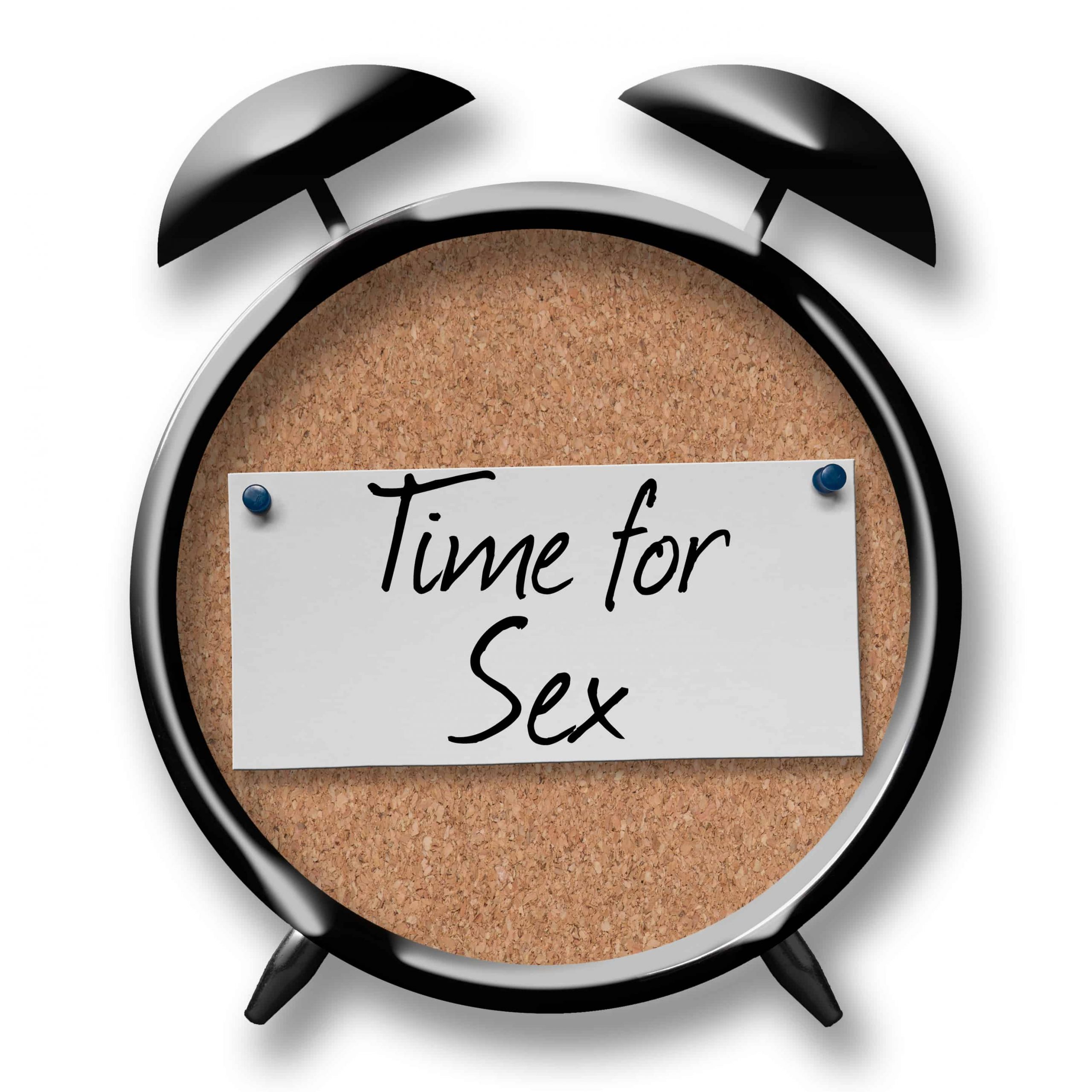 Time for Sex note text on cork board alarm clock