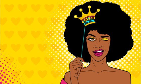 Woman with big afro, make-up, and a crown 