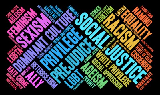 A mass of rainbow coloured words along the theme of social justice