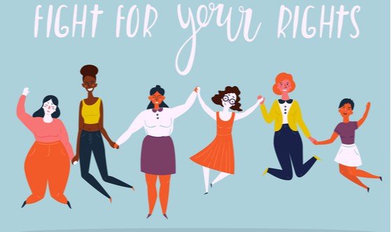 A group of diverse girls holding hands with text above them that says Fight For Your Rights