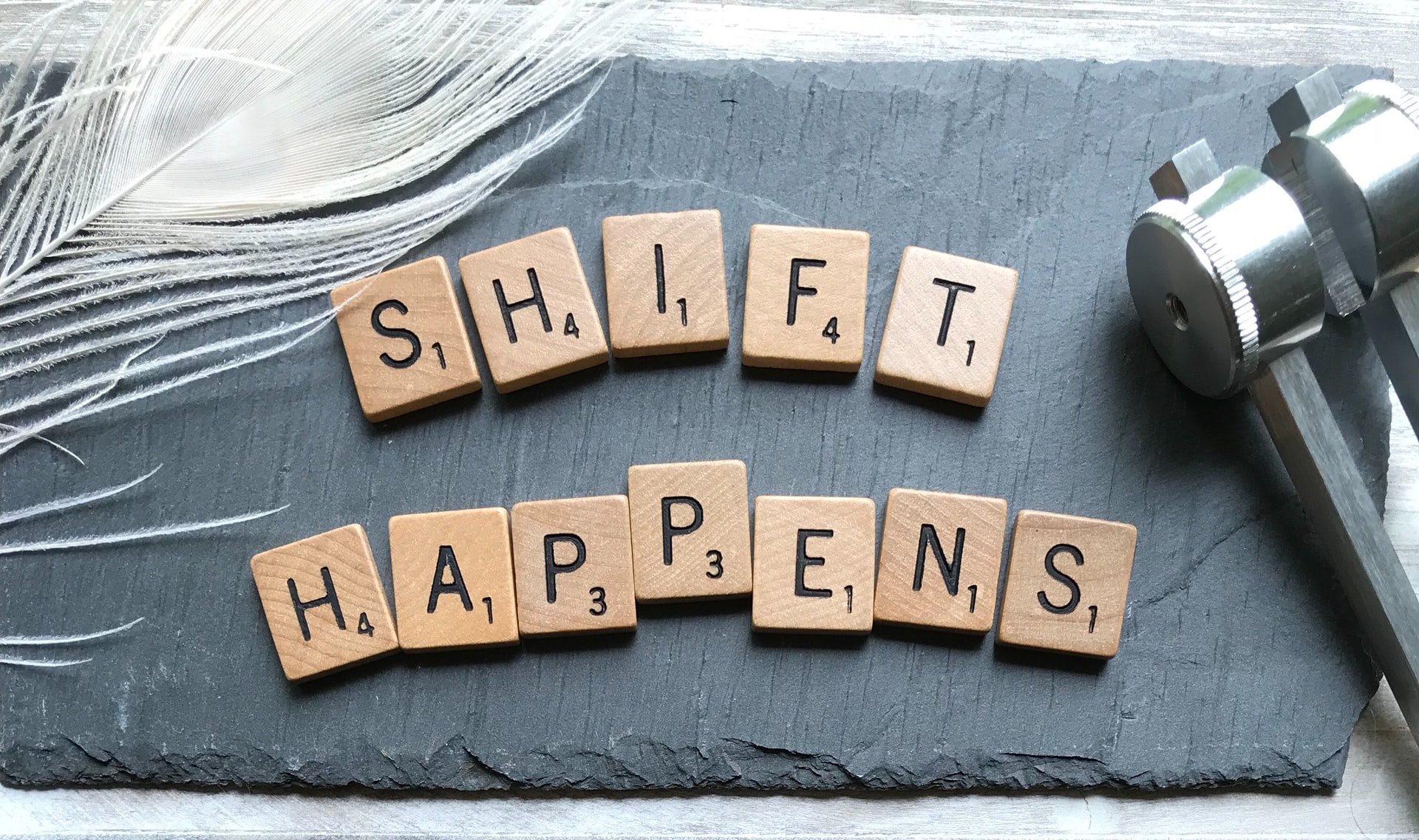 Tiles arranged in a pattern that says 'Shift Happens'