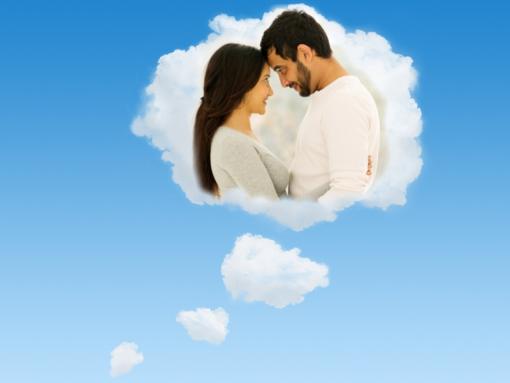 Romantic couple in a thought-bubble cloud