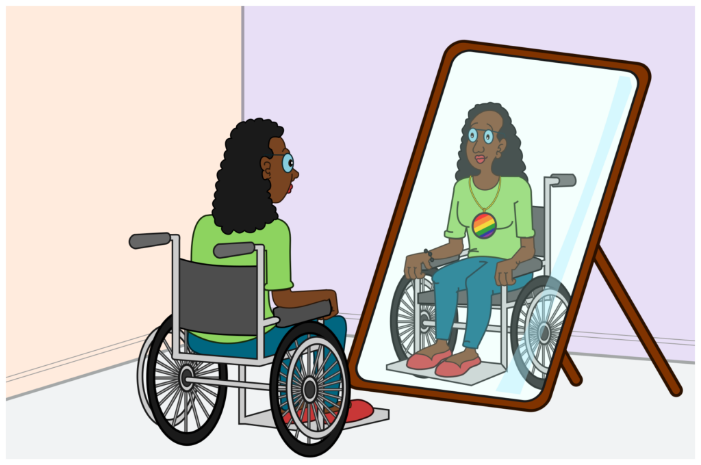 a sad queer lady on a wheelchair staring at a mirror